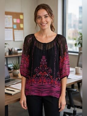 ‼️2/$5 Erin B. Women's Black Sheer Blouse with Pink & Red Floral Accents